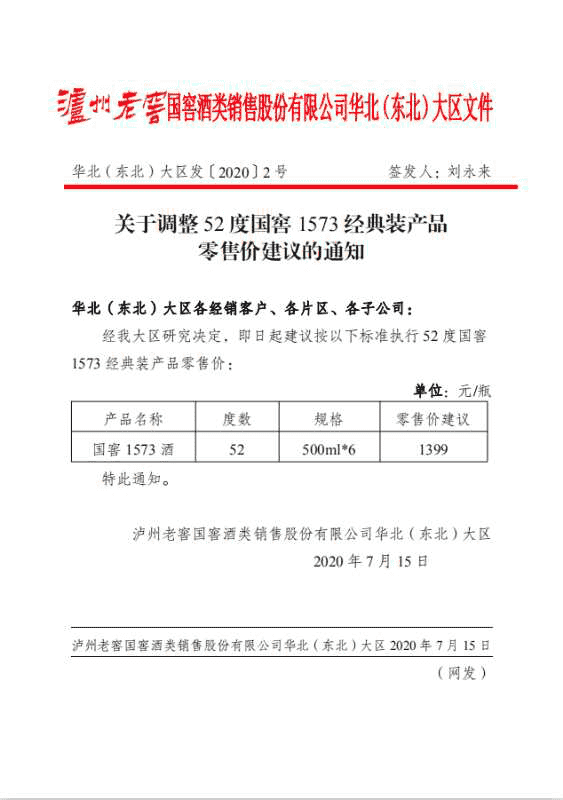 泸州老窖再发提价文件 国窖1573经典装零售价站稳1399元