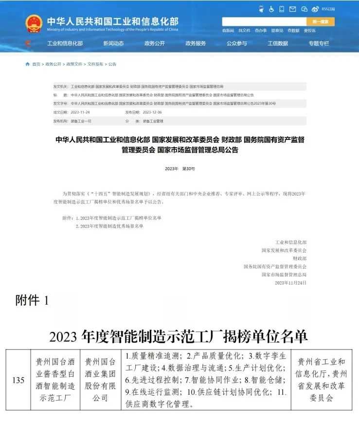 国台获评“2023年度智能制造示范工厂”揭榜单位
